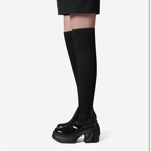 Thigh High Boots Round Toe Mid Chunky Heel Stretch Over the Knee Boots - Picture 6 of 6